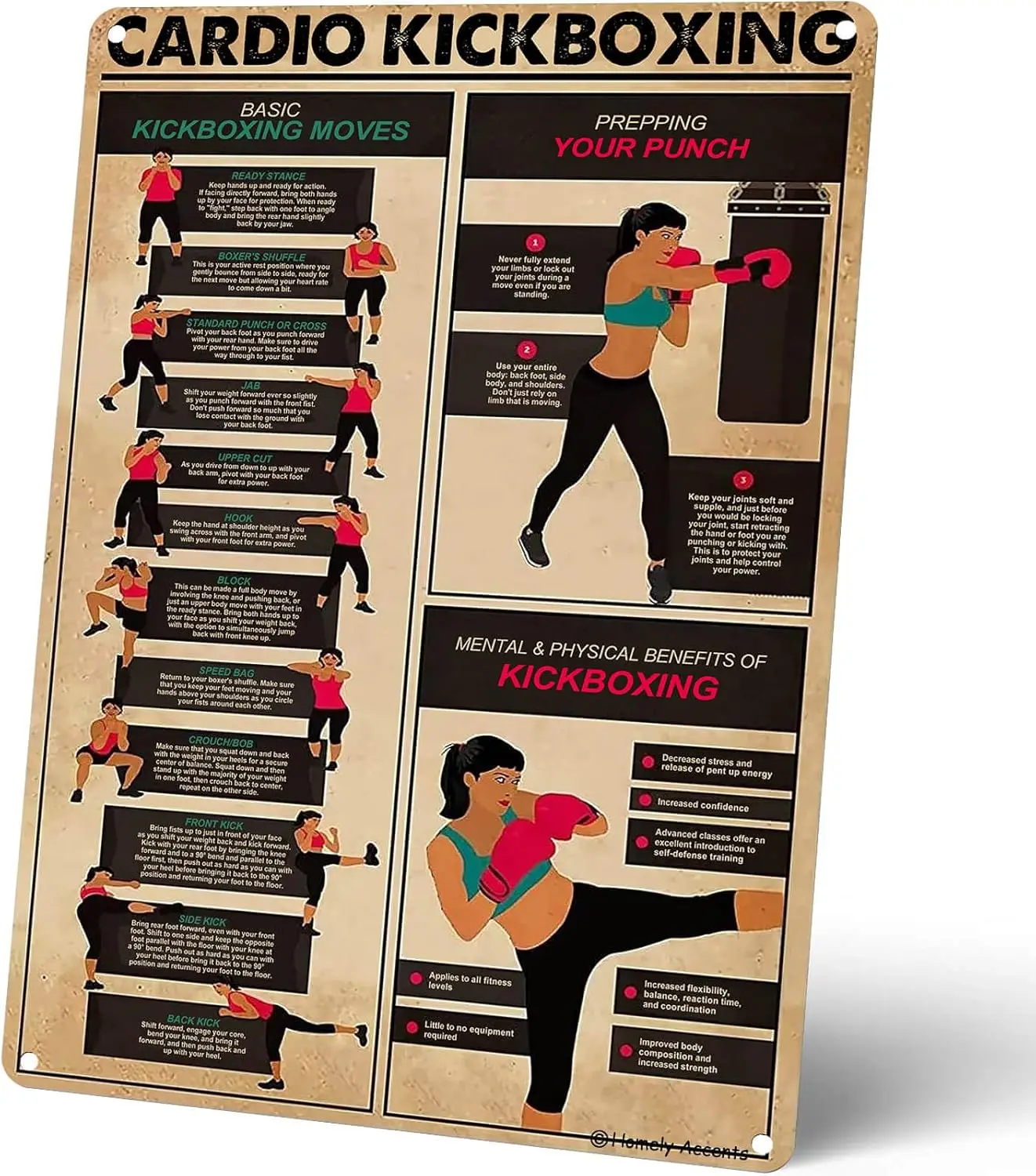 Cardio Kickboxing Knowledge Vintage Tin Sign, Metal Wall Art Poster for Gym Home Decor Gift for Kickboxing Enthusiasts Female In