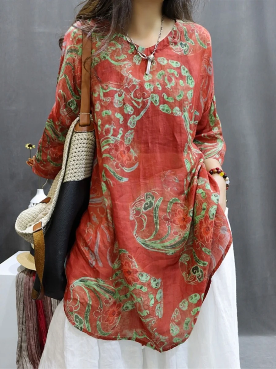 Camicetta stampata ampia di fascia alta Camicetta etnica vintage Sle Svel V-Ne Lino Casual irt Top estivo Faion da donna