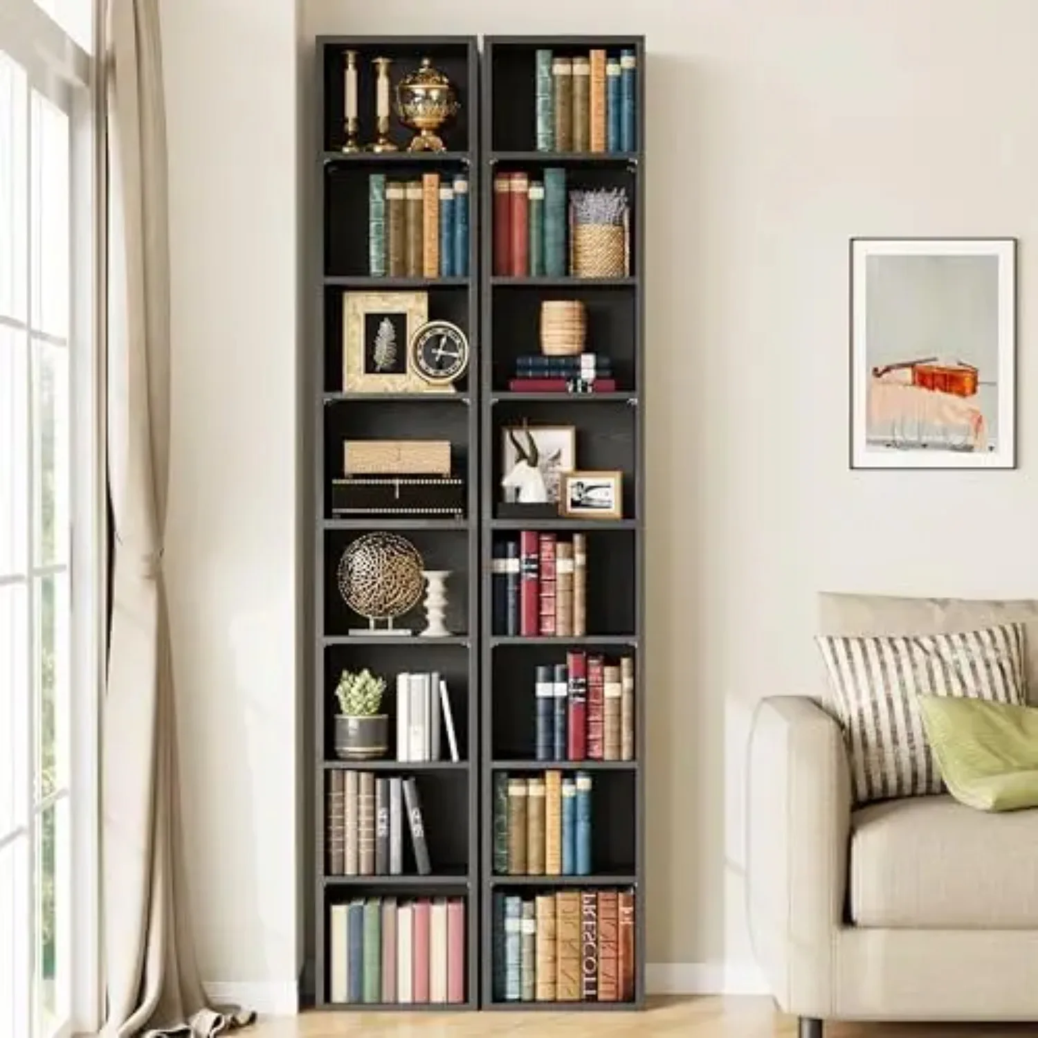 Tall Narrow Bookshelf 8 Tiers 71in Set of 2, Compact Corner Bookcase | 4 Adjustable Shelves. Compact Corner-fit Design