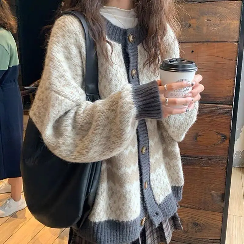 

Свитер в стиле ретро, женский осенне-зимний свободный ленивый утепленный вязаный кардиган, топы в повседневном стиле, модный винтажный элегантность