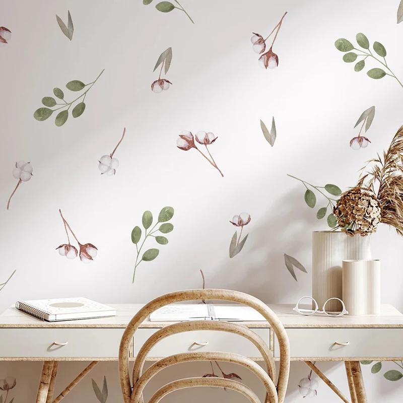 Adesivi murali Boho Cartoon per camerette per bambini foglie di cotone pianta decorazione della casa Wall Art carta da parati fai da te Nursery camera da letto per bambini
