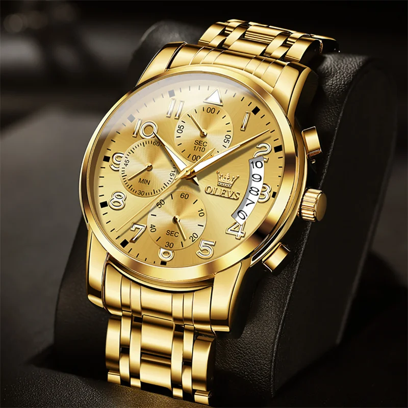 OLEVS Luxury Top Brand Watch for Men\'s Waterproof Sports Stainless Steel Chronograph Wristwatches Gold New Fashion Reloj Hombre