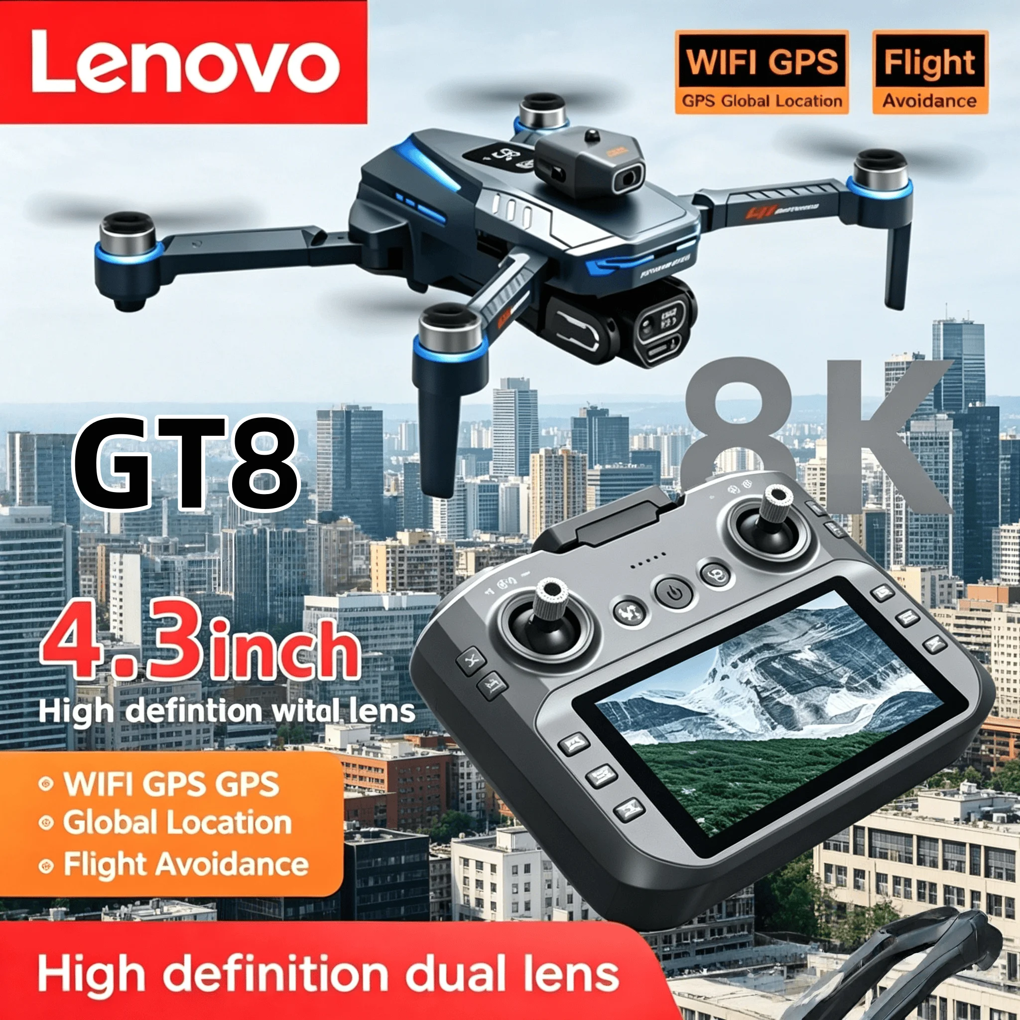

Lenovo GT8 Drone 8K Dual Camera GPS FPV Brushless Motor Optical Flow Foldable Quadcopter RC Aerial Photography UAV Toy