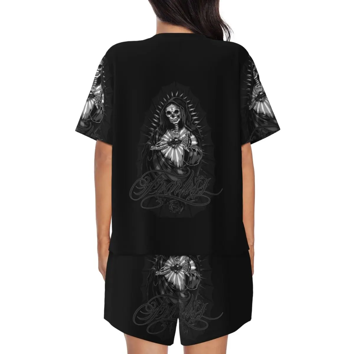Santa Muerte Spanish Holy Death 4 Round Neck Short Sleeve Nightgowns for Sleeping Sleepshirts Women Soft Pajama Set Short Pants