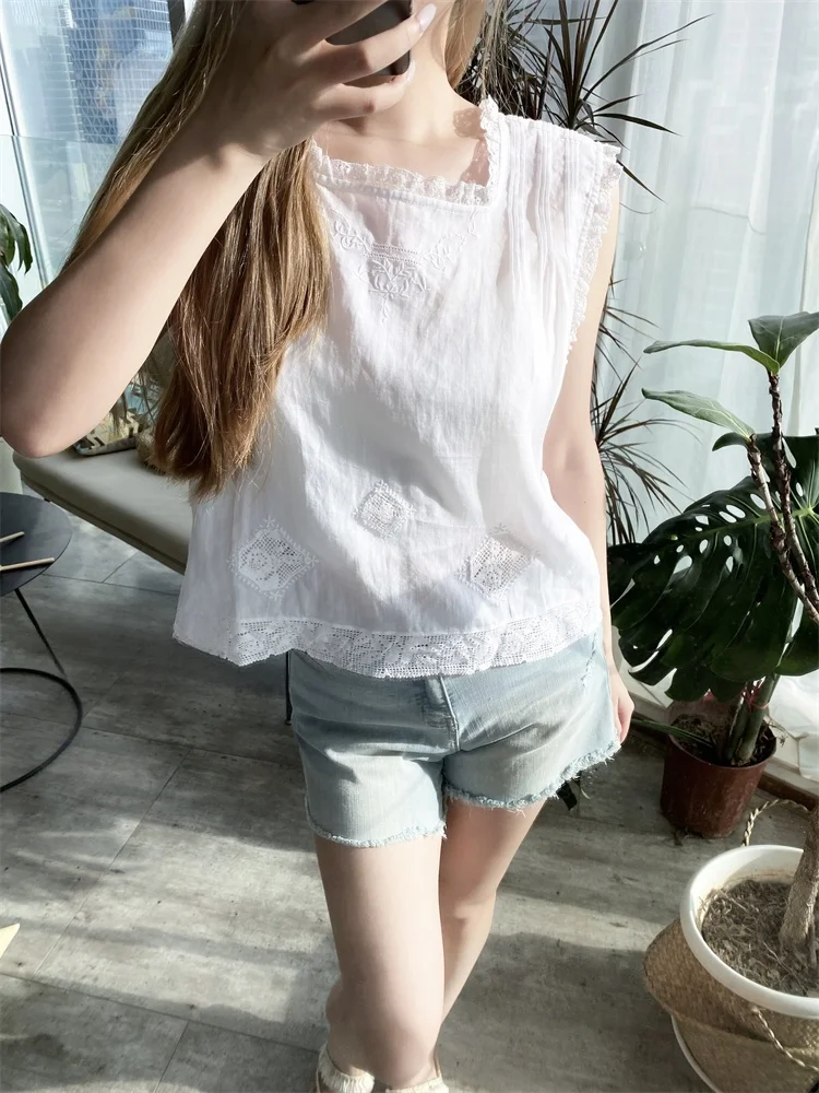 

Susan Do Summer New Loose Cotton Linen Embroidered Square Collar Svel White Vest Top Women Faionable Breathable