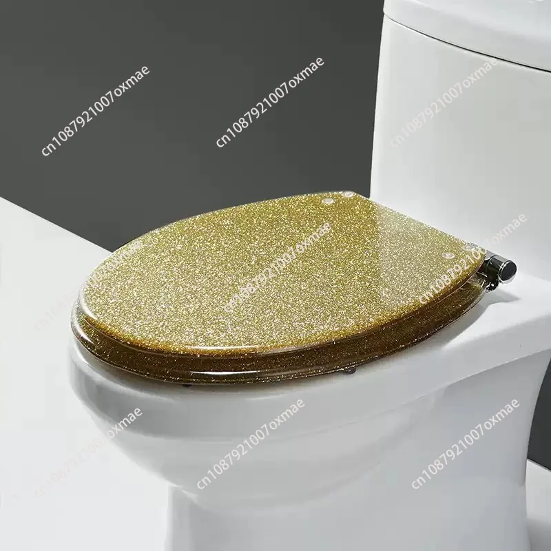 New Premium Shiny Gold Resin Toilet Seat with Soft Close Stainless Steel Hinges, Universal Fit for U/V/O Shape Toilets