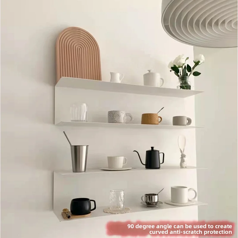 White Wrought Iron Wall Organizer, Single Rail Floating Shelf for Kitchen Counter and Living Room, Space Saving Storage Solution