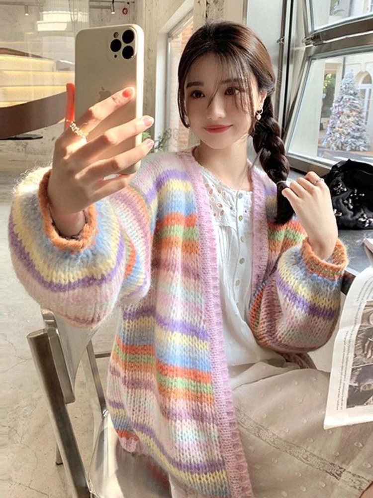 Striped Panelled Cardigan Women Colorful All-match Harajuku Baggy Long Sleeve Knitwear College Casual Sweaters Y2k Clothes Chic