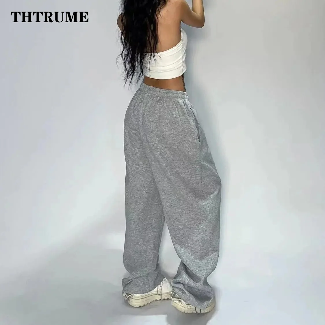 Casual Women Solid New Pant Fashion Summer Oversized Vintage Pocket Drawstring Wide Leg Pants Elegant Loose Baggy Chic Trousers - Image 6