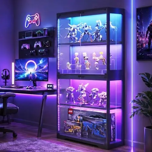 Glass Display Cabinet with Glass Doors, RGB Light Display Case, 4-Tier Storage Cabinet Display Shelf for Showcase - view 5