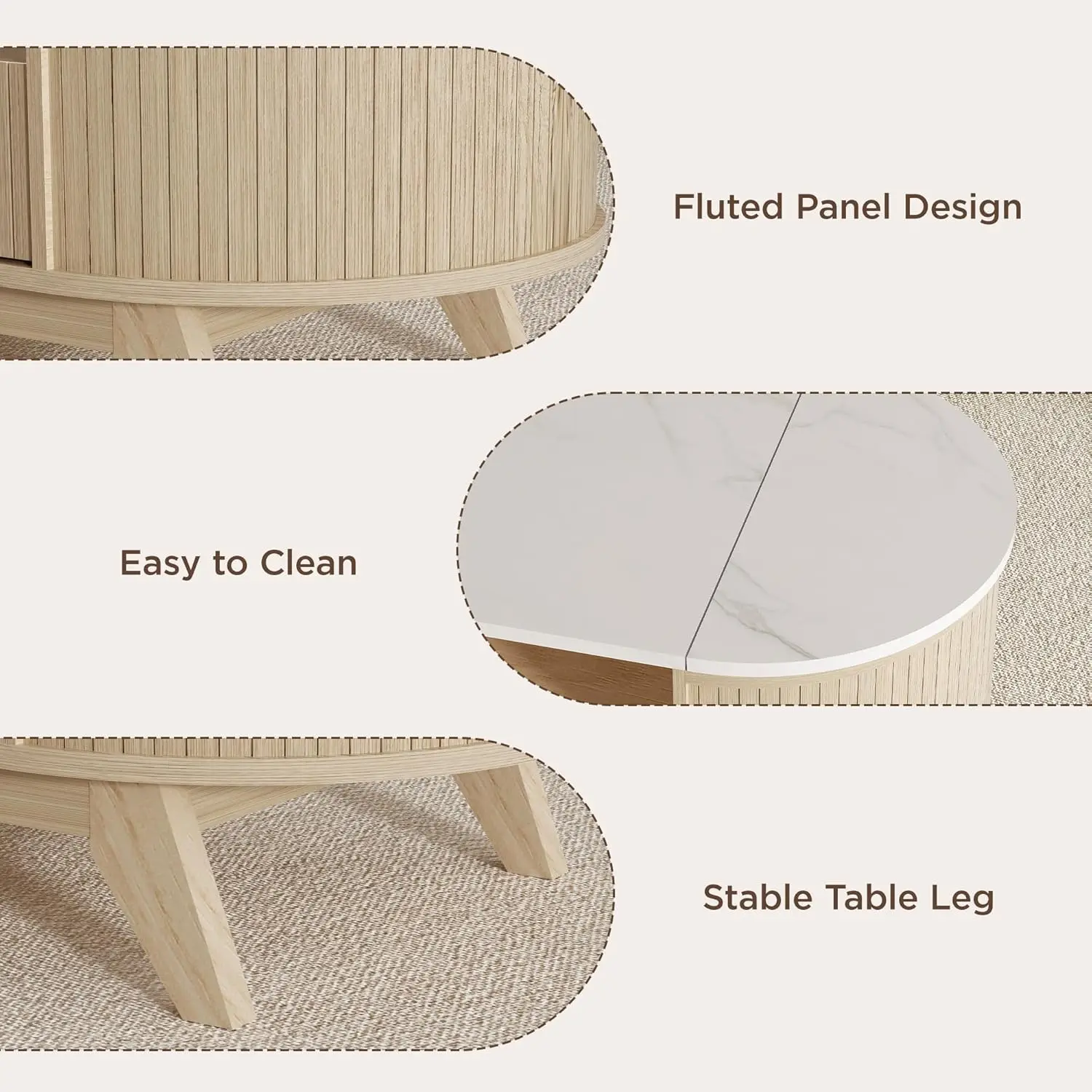 Coffee Table With Storage, Mid Century Modern Center Table For Living Room, Oval Fluted Coffee Table With Hidden Storage Space,