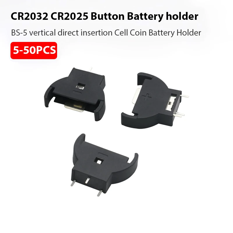 5-50pcs Black Plastic CR2032 CR2025 3V Battery Holder Cell Coin Battery Socket Holder Case Battery Boxes Vertical Inline 3 Pins