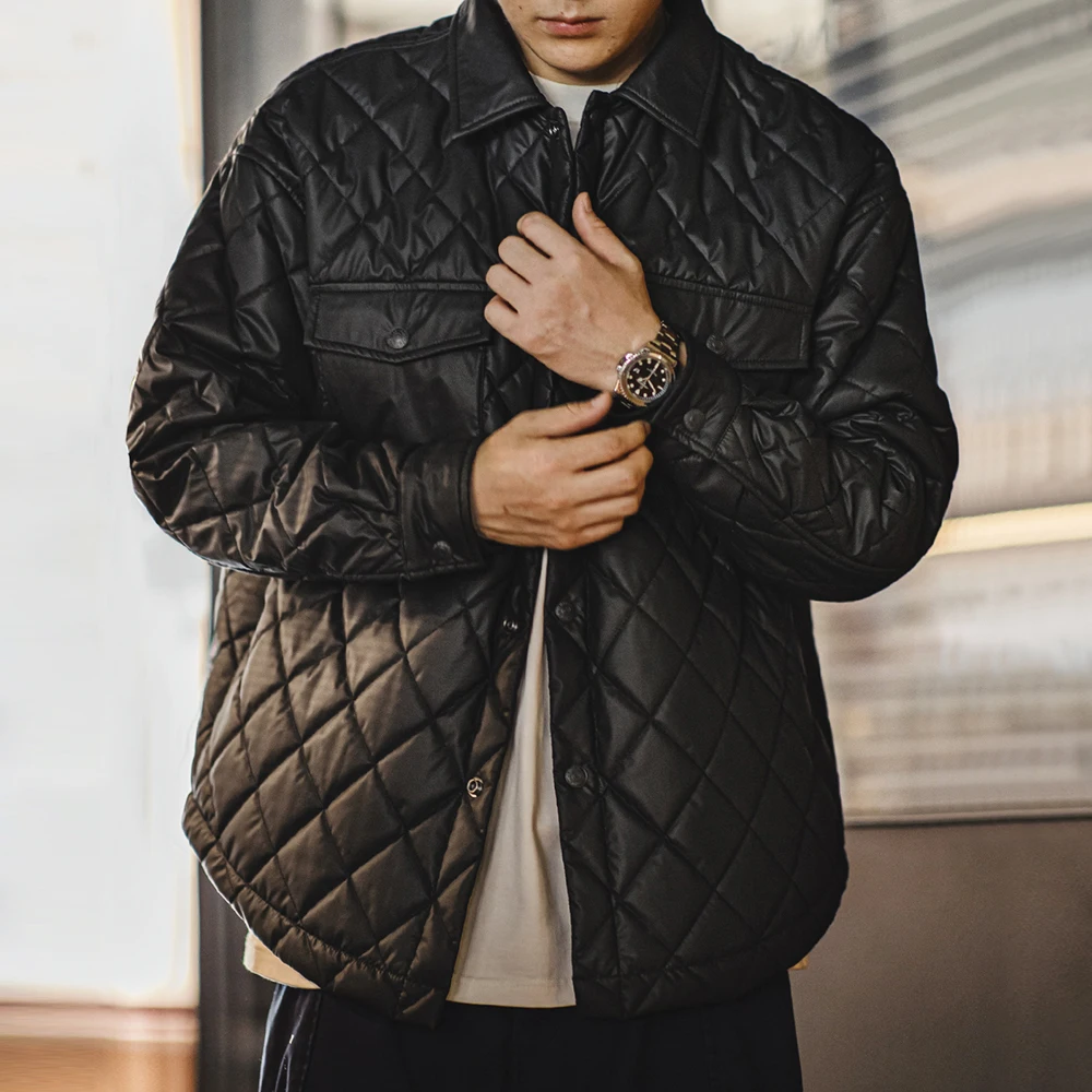 Maden Retro Quilted Diamond Grid Jacket Loose Fit Cotton-padded Coat Collar Warm Versatile Men\'s Outerwear for Autumn and Winter