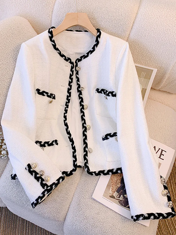 

2023 Women White Vintage Tweed Woolen Jackets Coats New Autumn Winter Runway Fashion Long Sleeve Casual Outerwear Female Tops