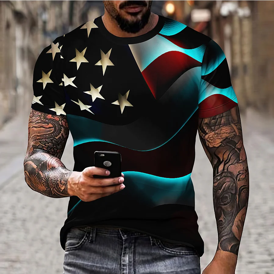 Men\'s Flag 3D Pattern Short Sleeve T-shirt Summer Casual Pullover Men\'s Fashion Loose Sleeve Top