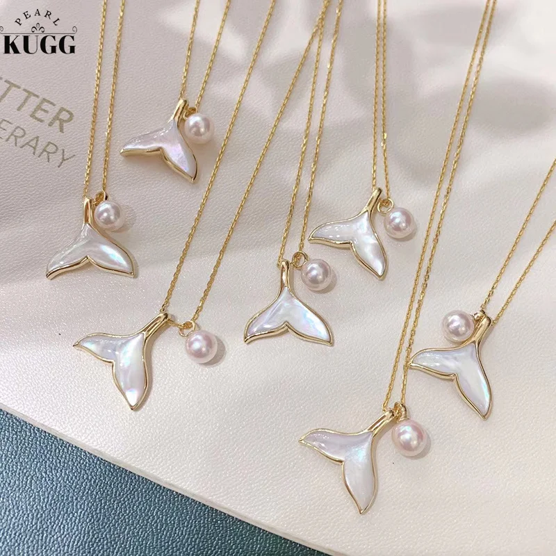 

KUGG 18K Yellow Gold Necklace Natural Akoya Pearl Pendant Romantic Mermaid Tail Shape lNS Style Elegant Jewelry for Women