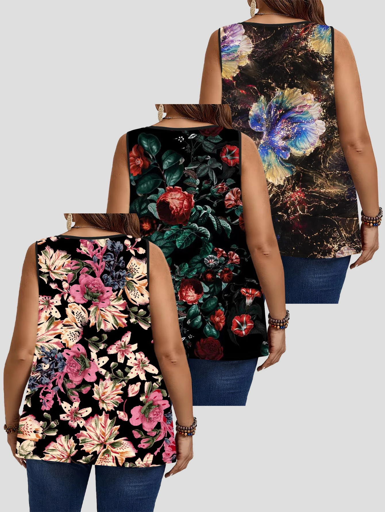 3-Piece Set of Plus-Size Women's Vintage Black Floral Print Tank Tops, Round Neck Loose Sleeveless Tops 2