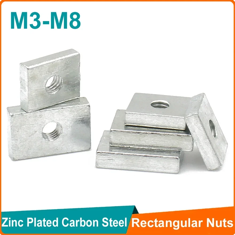 

10-50pcs Zinc-Plated Carbon Steel Square Nut M3 M4 M5 M6 M8 Thin Rectangular Nuts Slider Block for Aluminum Profile Accessory