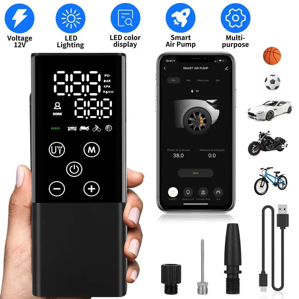 Portable Car Tire Air Pump Inflator Smart Digital Display Touch Screen Wireless Air Pump Electric Air Compressor With LED Light