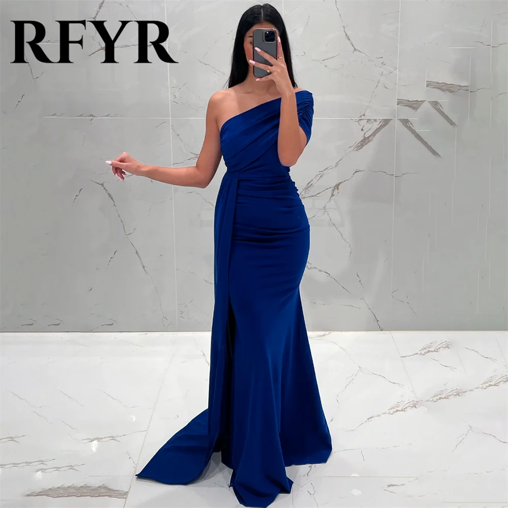 

RFYR Simple Blue Mermaid Formal Dresses Stain Pleats Party Dress For Wedding One Shoulder Special Occasion Dress robe soirée