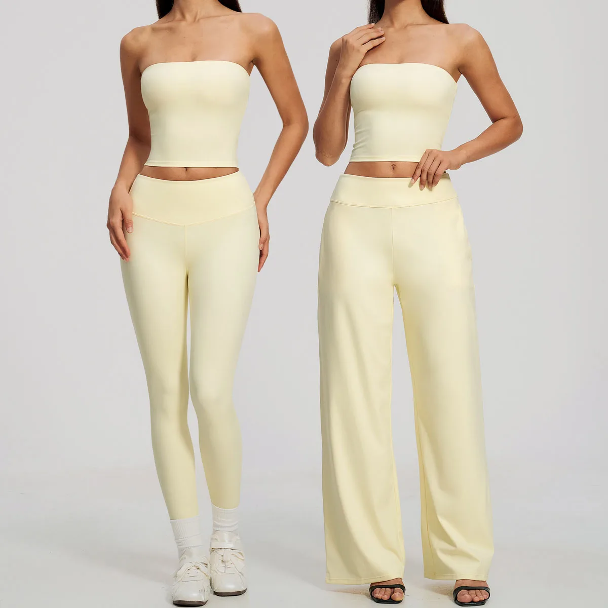 Yoga Set 2 Piece Women Fitness Suit Gym Clothing Outfits Workout Tracksuit Sportswear Strapless Crop Top Wide Leg Pleated Pants
