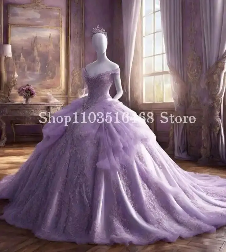 Luxury Victorian Prom Dress Lavender Mauve Corset Tulle Poncho Cathedral Train Vintage Medieval Dresses for special events