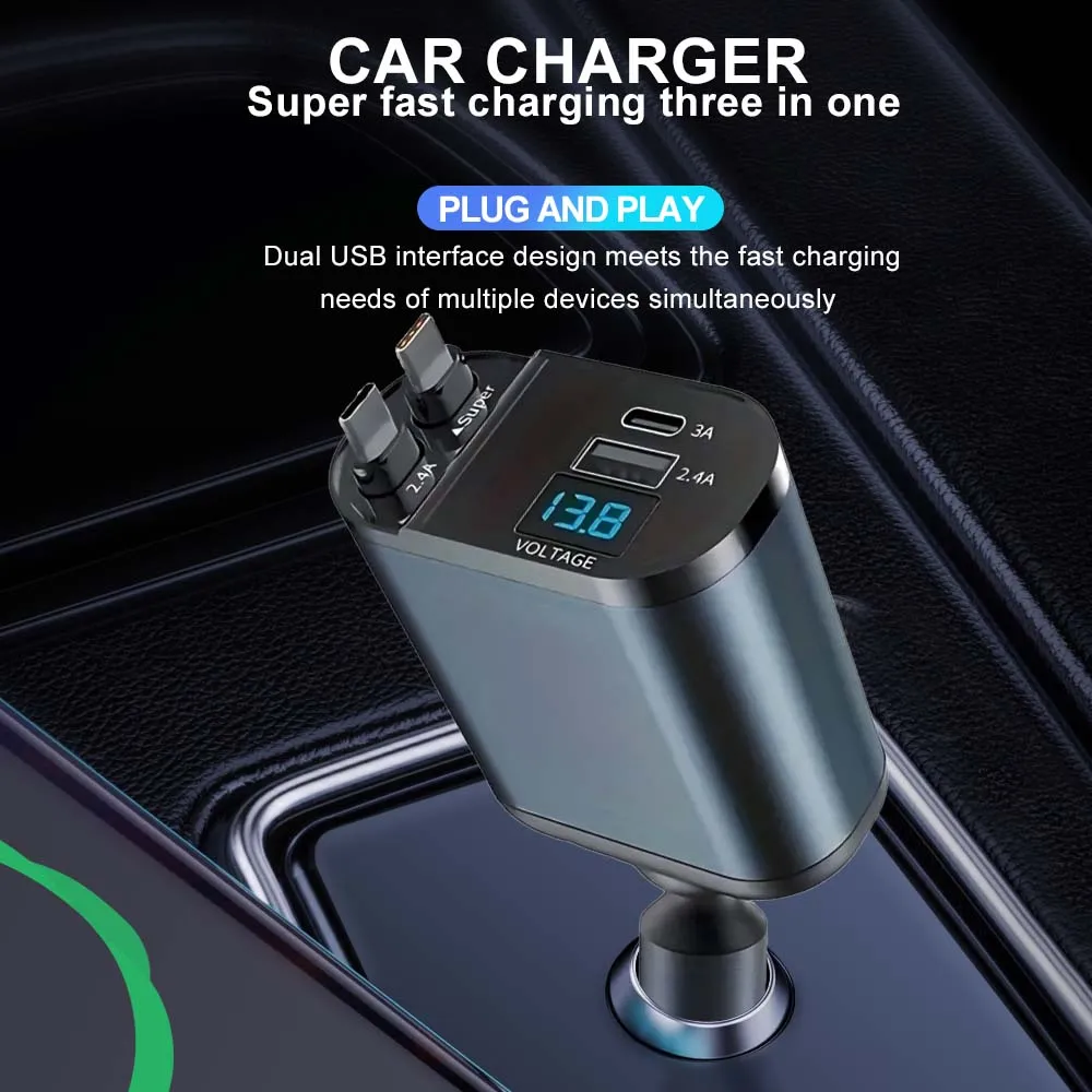 

4-in-1 120W Scalable Car Charger USB C- Cable Fast Charging for IPhone Huawei Samsung Cigarette Lighter Adapter