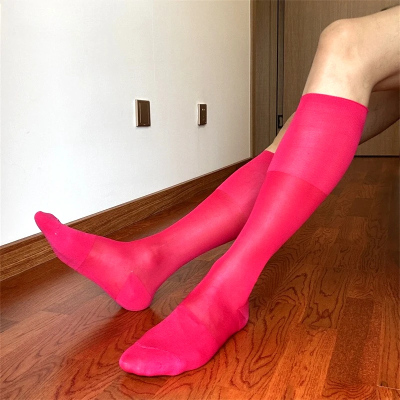 メンズニーハイホワイトソックス、メンズビジネスフォーマルセクシーナイロンストッキング、ストライプ、無地、グリーン、パープル、ローズレッド、メンズロングソックス