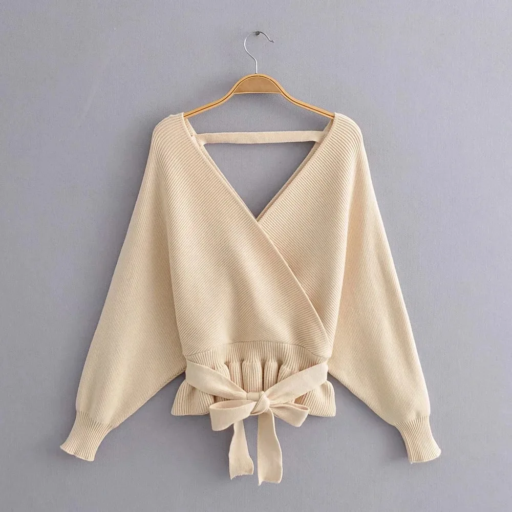 

Autumn Female Fashion Solid Color RufflesSlim Fit Pullovers 2023 Women Spring Cross V-neck Sweater Bat Sleeve Knitted Sweater