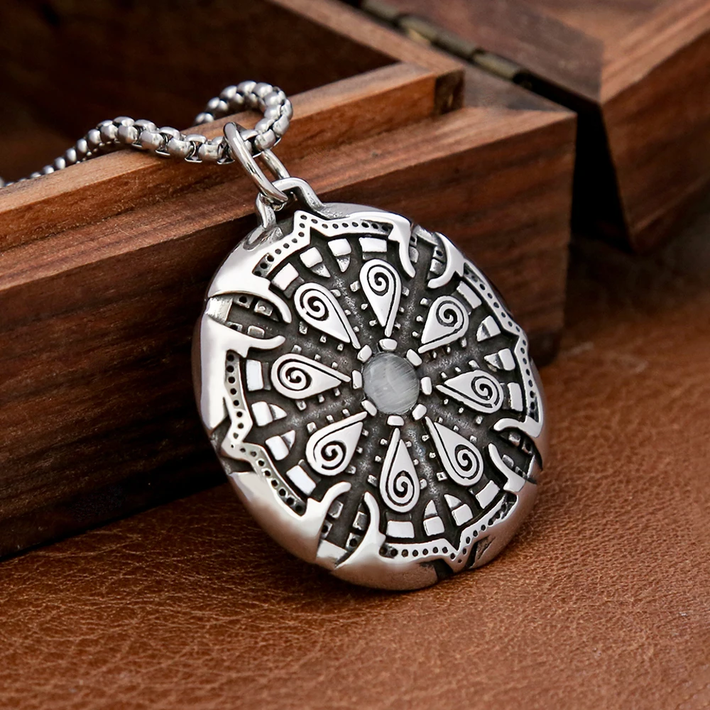 Unique Vintage Nordic Viking Compass Pendant with Stone Stainless Steel Runes Necklace Biker Amulet Jewelry Gift Dropshipping