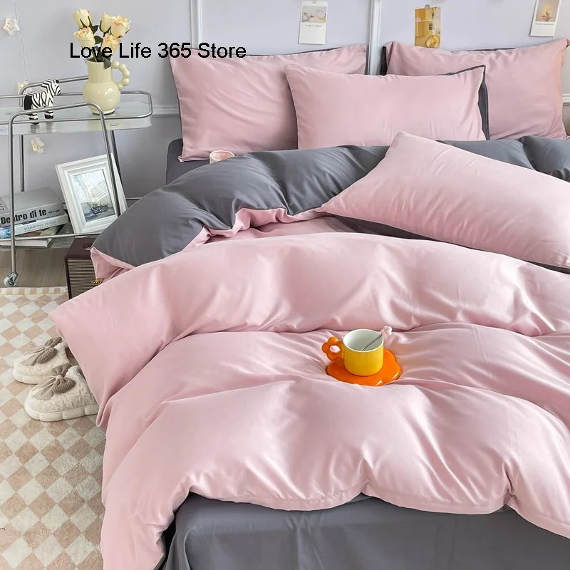 Nordic Solid Color Pink Bedding Set Flat Bed Sheet Duvet Cover Single Double Full Queen King Bedclothes Ins Pure Bedroom Linen