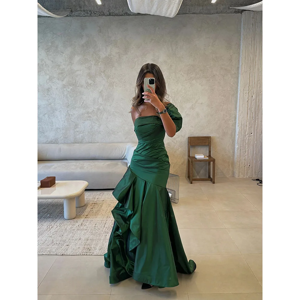 Abiti da ballo eleganti Una spalla Sirena senza maniche Abiti da sera in raso Lunghezza pavimento Piega con spacco sul retro Abito da festa personalizzato