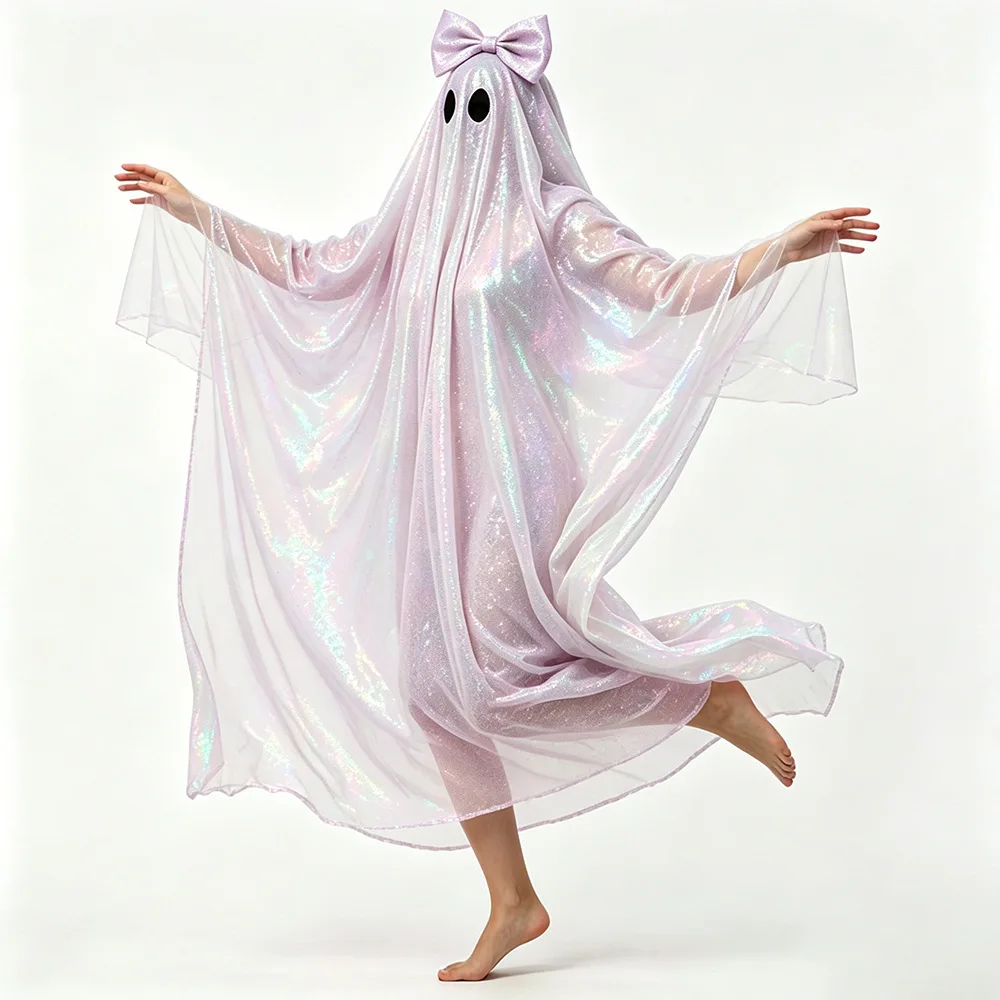 Funkelnder Sternen-Geisterumhang mit Schleife, sanfter Wind, Halloween-Party, ausgefallenes Kostüm, Requisiten, Kleidung, niedlicher Umhang mit ausgehöhlten Augen und Kapuze – Detail 3