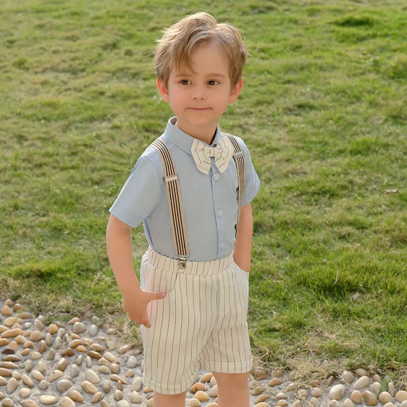 Boys Summer Photograph Suit Children Formal Kid Boy Wedding Performance Suit Kids Formal Strap Shirt Shorts Bowtie Clothing Set