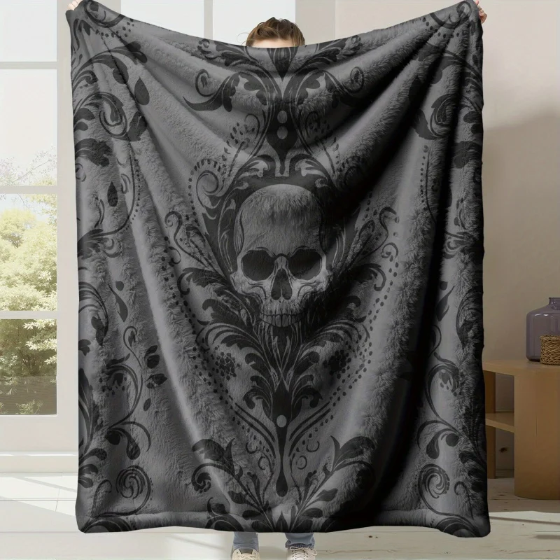 Gothic Skull Damask Throw Blanket, Dark Vintage Floral Skull Soft Warm Blanket for Indoor Home Decoration