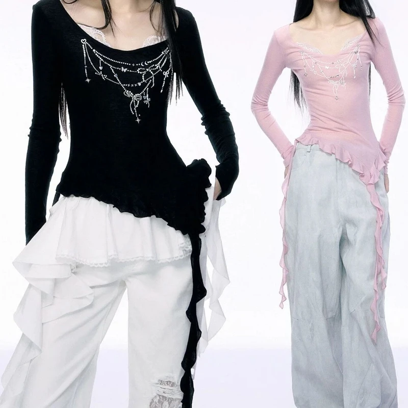 

Y2k Aesthetics Pearl Printing Vintage T-shirt Harajuku Irregular Ruffled Slim Fit Tops Streetwear Lace Patchwork Grunge Tshirts