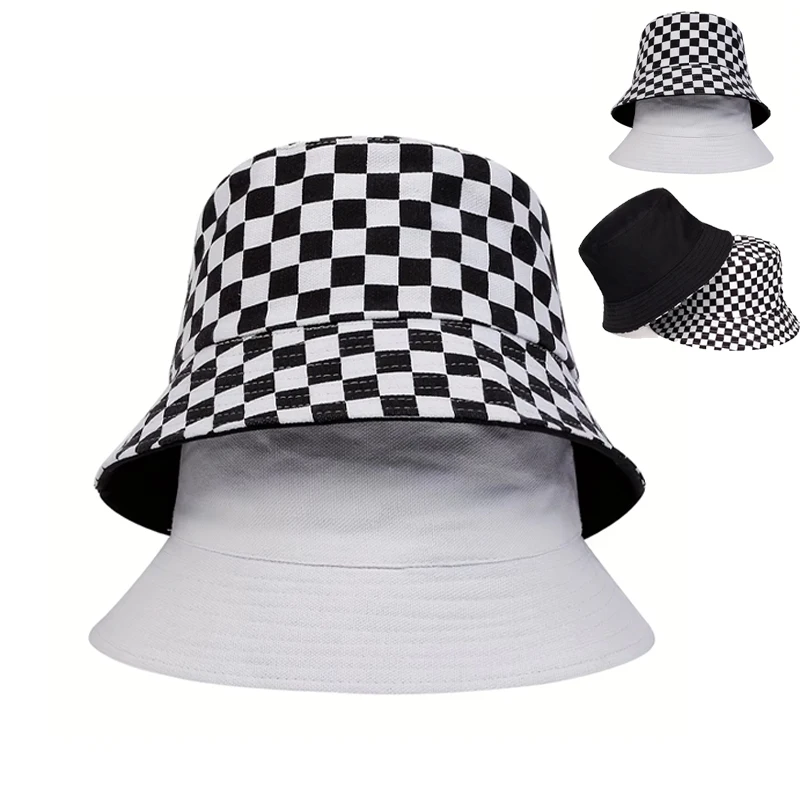 Unisex Black and White Grid Bucket Hat Double-sided Wearable Fisherman Hat Outdoor Travel Hat for Men Women Bucket Hats