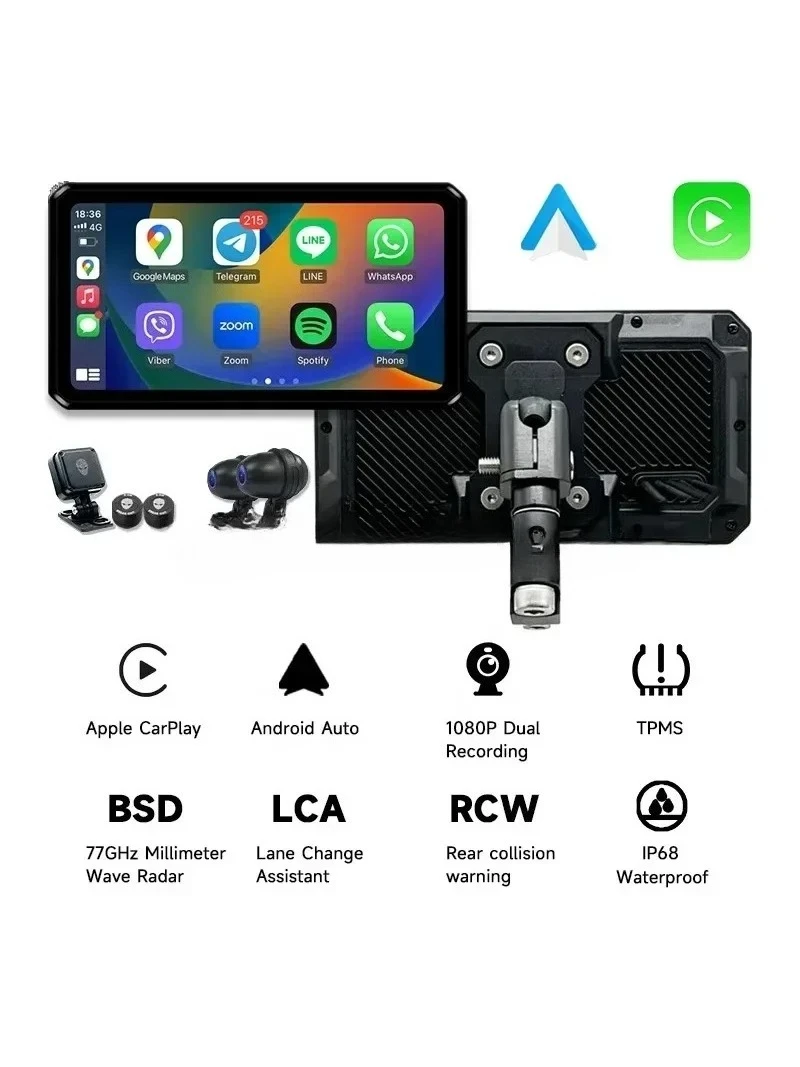 

M2 Pro Motorcycle CarPlay Navigation Android Auto Dual Recording Dash Cam With 6 Inch Touch Screen 77GHz Radar BSD