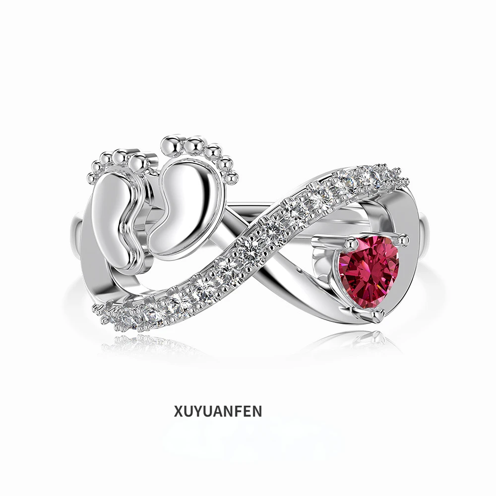 XUYUANFEN Xiaohongshu New S925 Sterling Silver Ring for Women with Mobius Design Baby Footprints and Zircon Inlaid Women