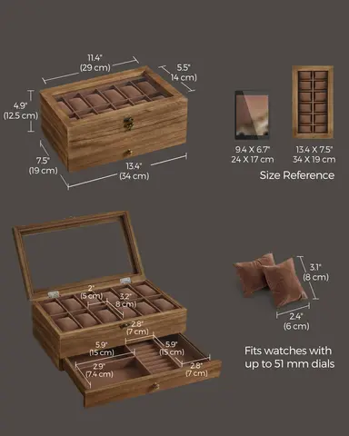 SONGMICS klocklåda med 12 fack, klockdisplay i 2 våningar med stort glaslock, avtagbara klockkuddar, sammetsfoder, smyckeskrin 8 best sales 12-fack klocklåda - №3