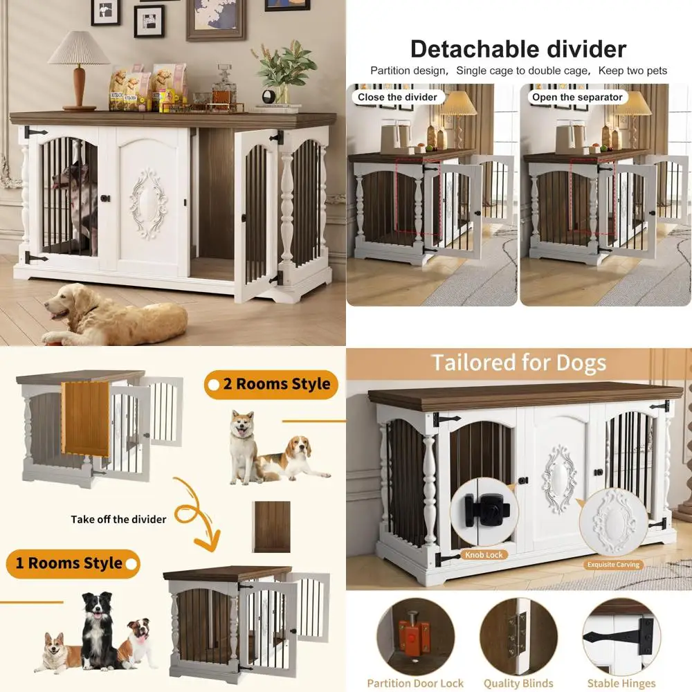 

Solid Wood Double Dog Crate Furniture with Handcrafted Patterns and TV Stand, Large Dog Kennel Divider Included