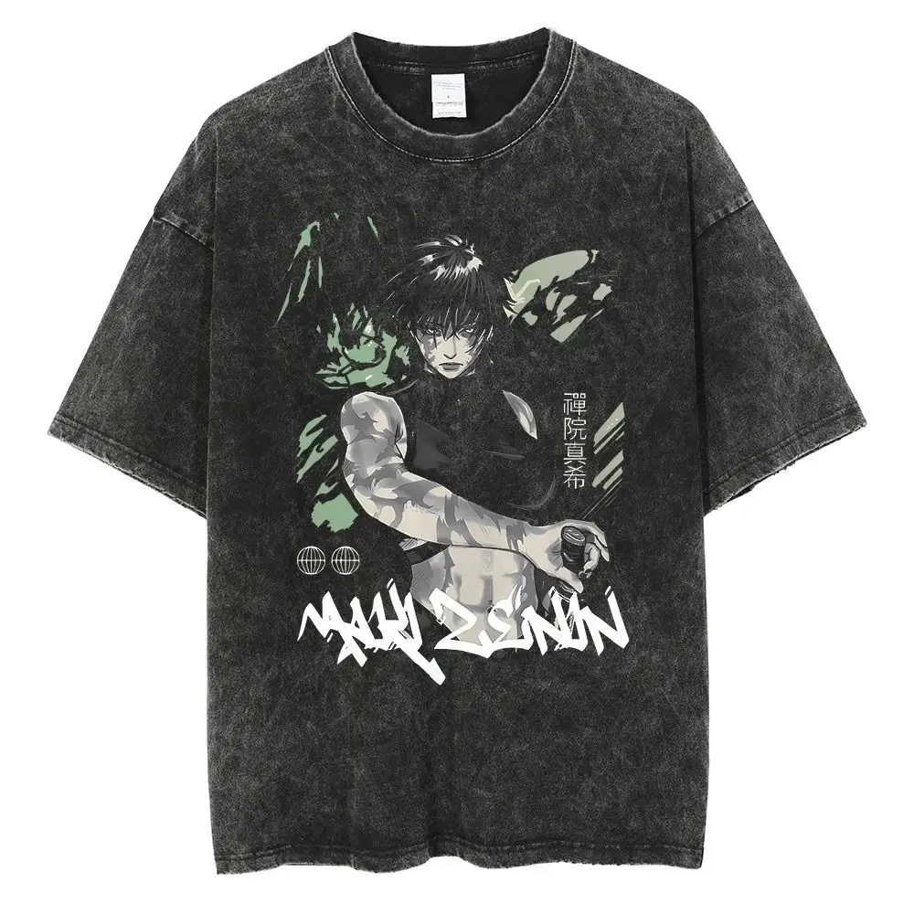 

Jujutsu Kaisen Maki Zen'in Graffiti-style Lettering Vintage Wash Print T Shirt Men 2026 Summer Black Oversized Tee Anime