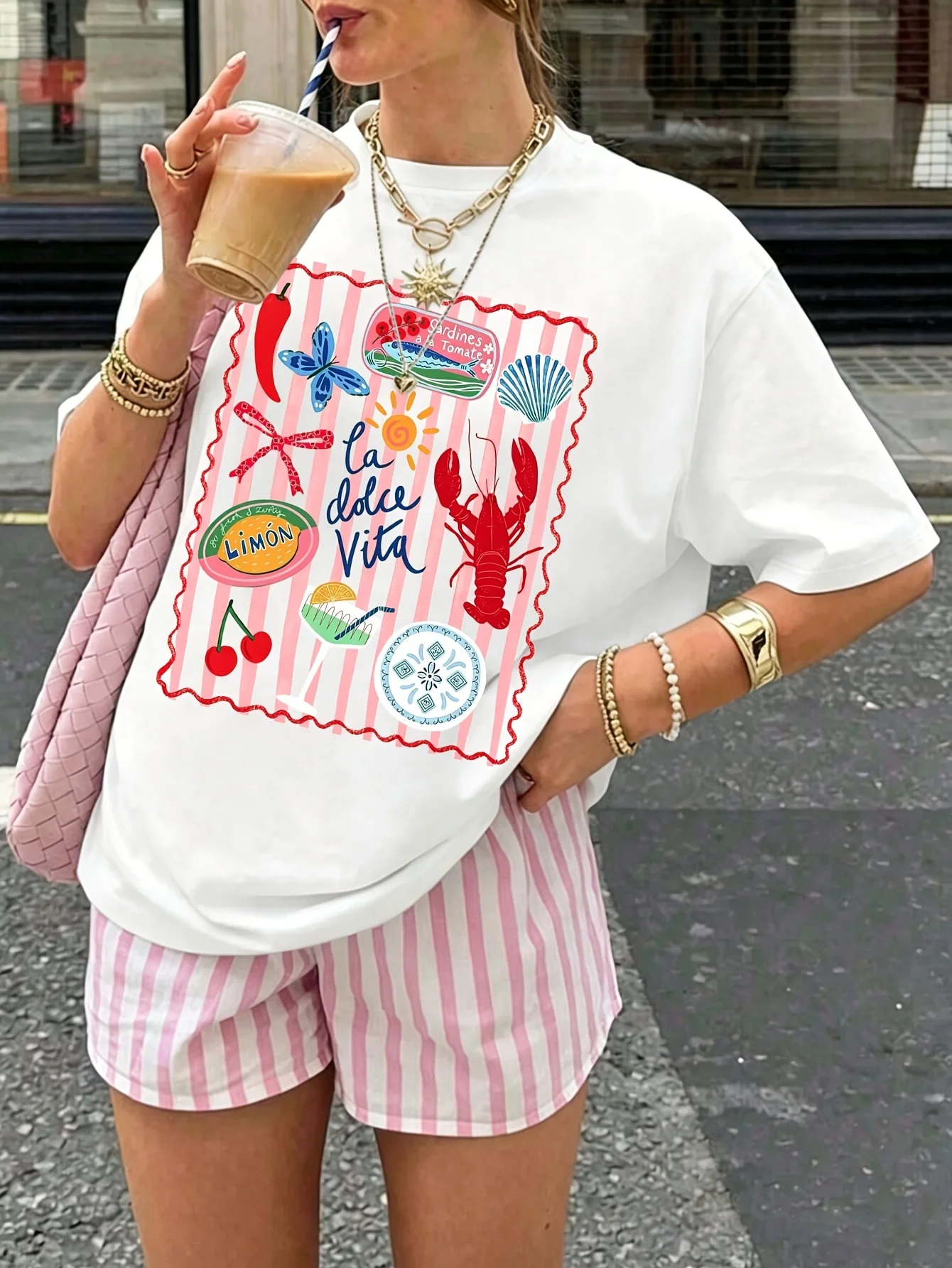 Striped Lobster La Vita Print Women's T-Shirt Casual Short Sleeve Graphic Top Suitable for Beach Outfits, Vacation & Everyday