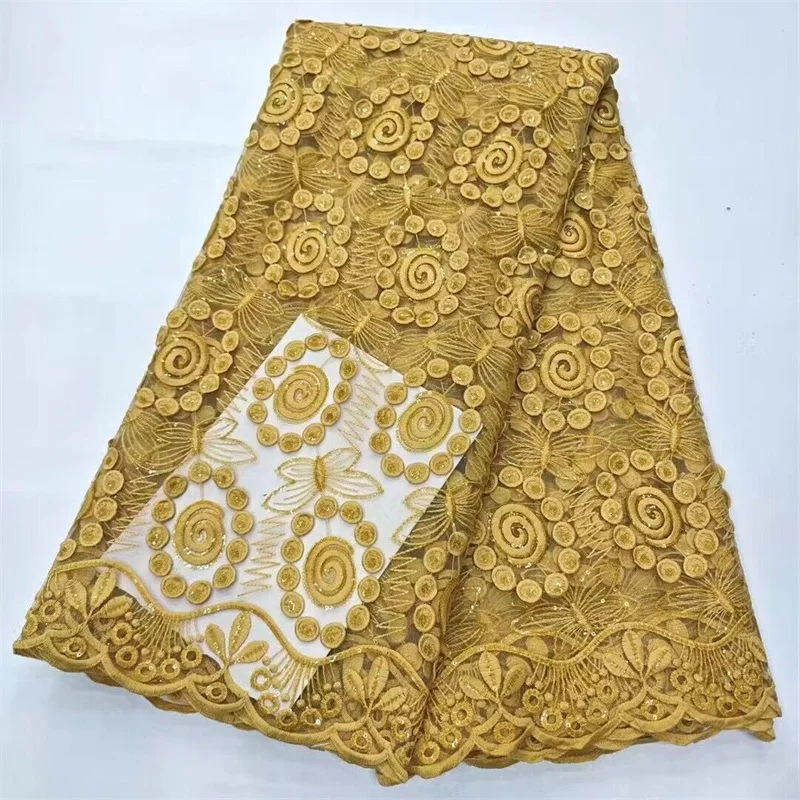 

Gold Latest Cheap French Sequins Lace Fabric 5 Yards High Quality African Lace Nigerian Fabric For Wedding Party Dress Diy Sew