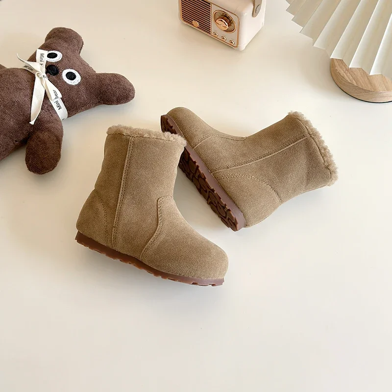 Children Short Boots for Girls 2024 Winter New Fashion Korean Style Soft Bottom Versatile Anti-slippery Chic Plush Leather Shoes