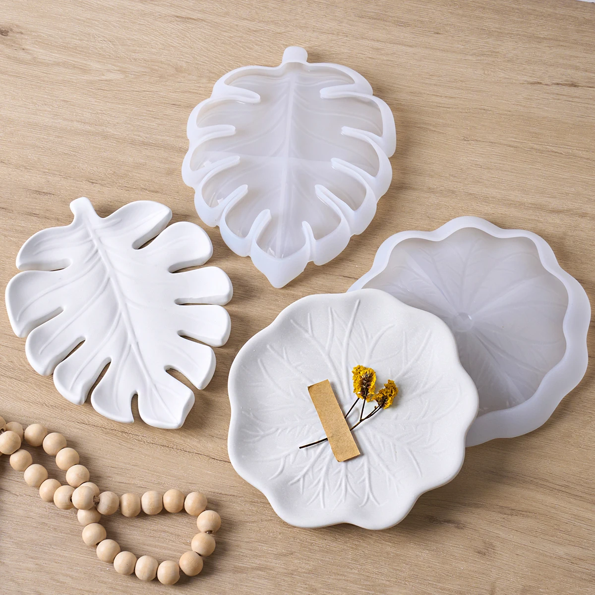 Molde de Silicone Criativo para Bandeja de Gesso em Formato de Folha, DIY, Folha de Monstera, Lótus, Losango, Folha de Bordo, Molde Decorativo para Prato de Folha, Decoração para Casa