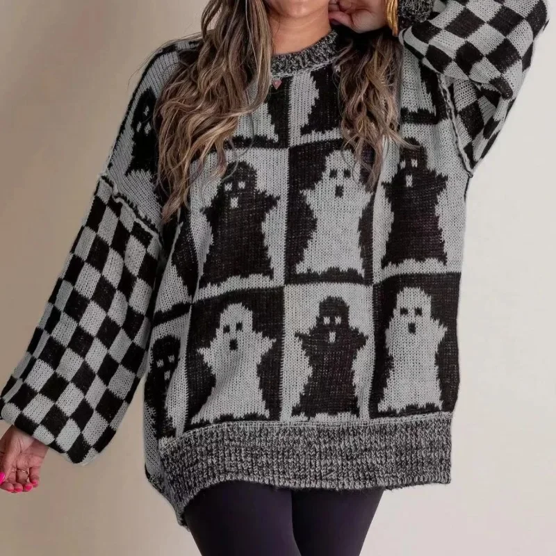 2024 Explosive Halloween Loose Autumn and Winter European and American Knitted Ghost Pattern Sweater