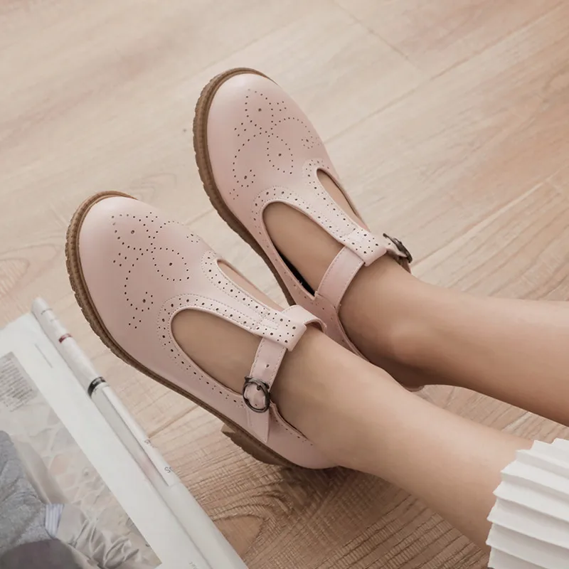 Women Flats Shoes Big Size 33-43 Retro College Wind Round Buckle Thick Crust Muffin Shoes Small Doll Leather Sweet Zapatos Mujer