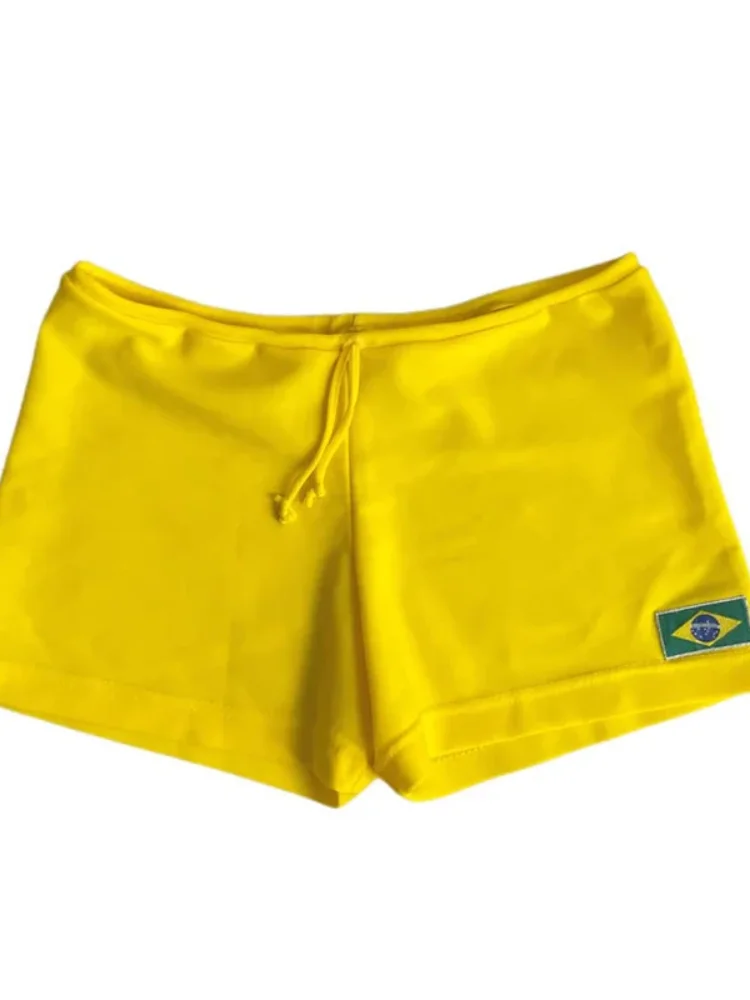 Fashionable elastic waist casual shorts high waist yellow Brazilian flag printed Harajuku beach sexy women\'s clothing