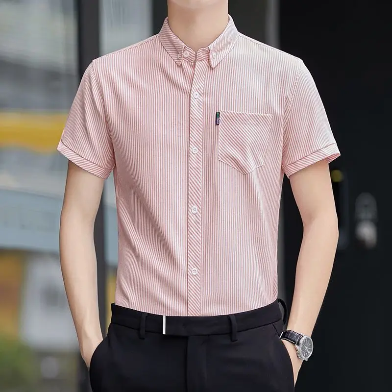 Mens Vertical Stripe Contrast Placket Pocket Turn Down Collar Short Sleeve Shirt
